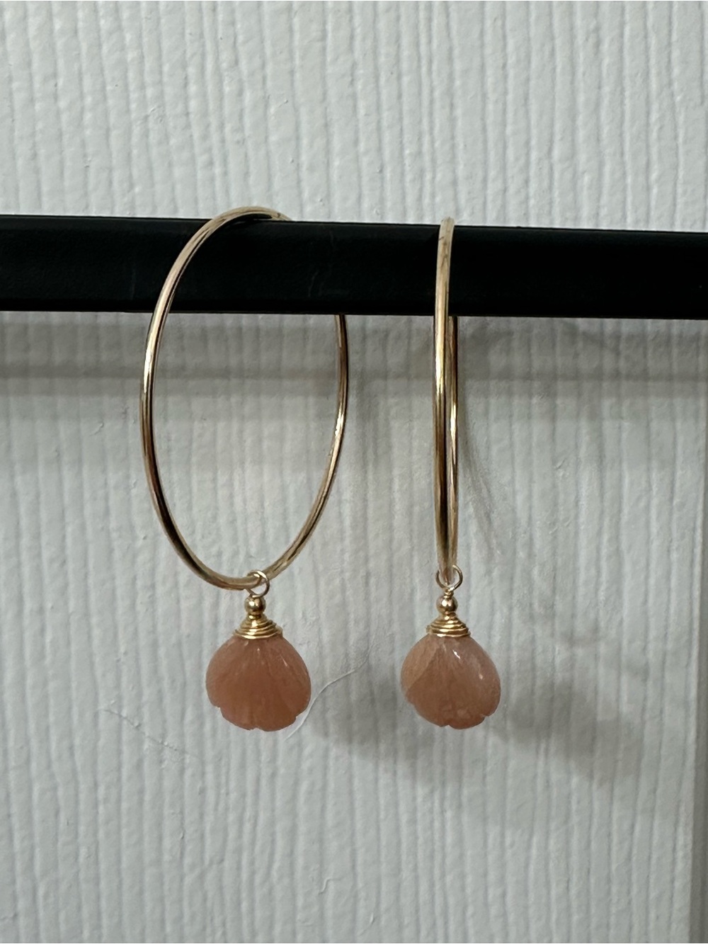 14k Gold-Filled Earrings Hoops Peach Moonstone Gemstone Shell Handmade 2.25” - Picture 1 of 5